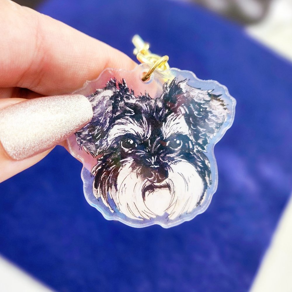 Miniature Schnauzer Holographic Keychain, Pepper and Salt Fur Pet Portrait